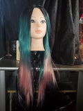 Teal-to-pink-to-black ombre wig