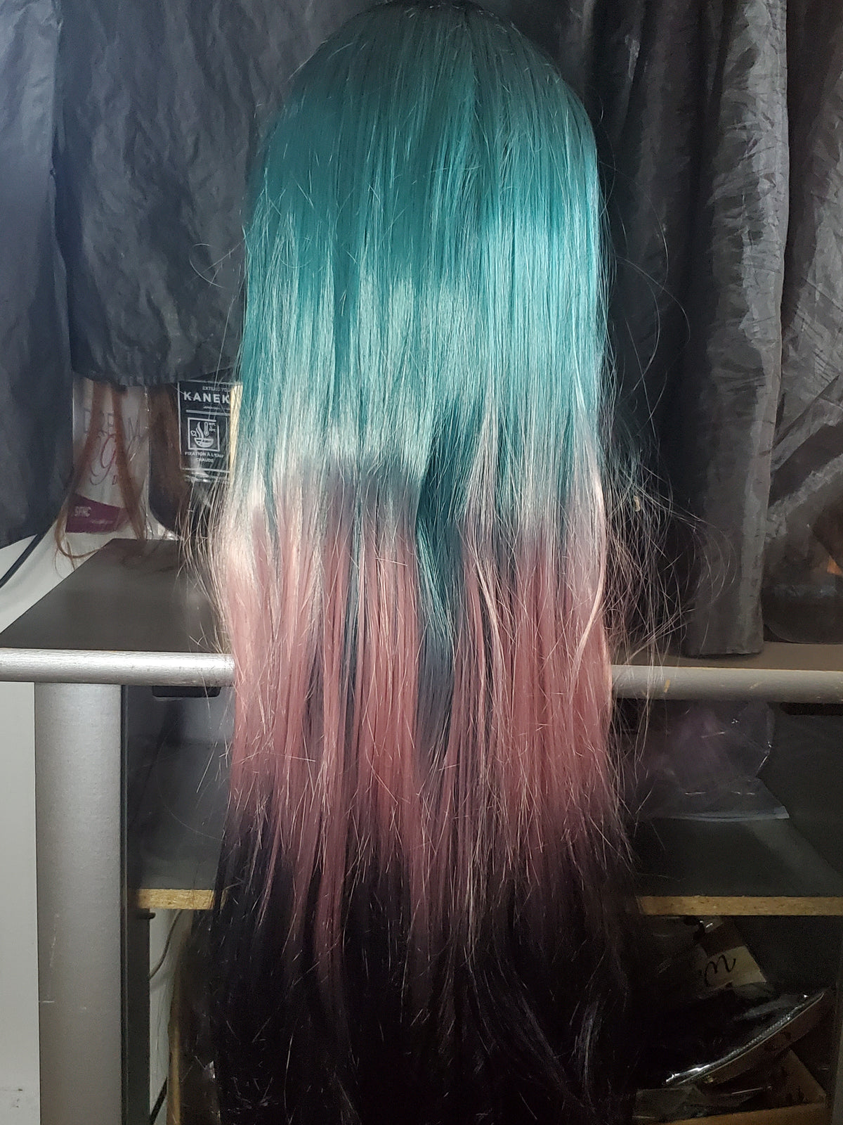 Teal-to-pink-to-black ombre wig